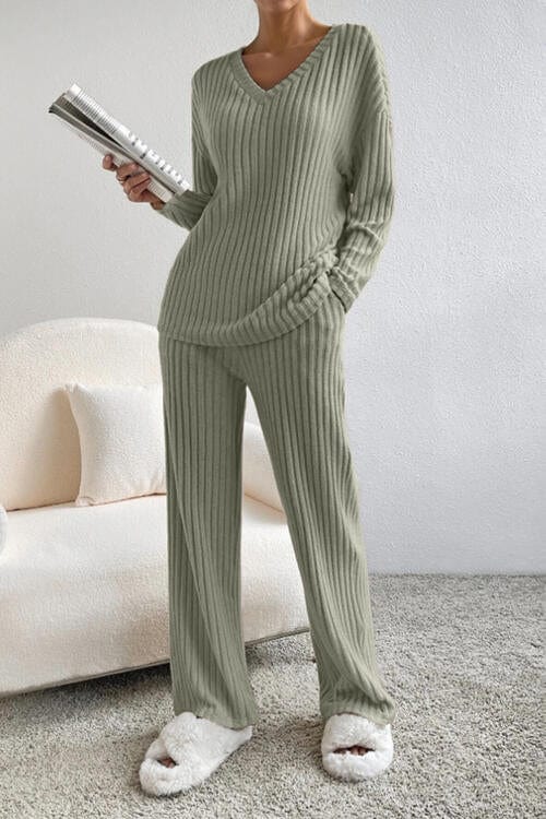 Gray Ribbed V-Neck Top and Pants Set