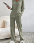 Gray Ribbed V-Neck Top and Pants Set Sentient Beauty Fashions Apparel & Accessories