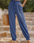 Dim Gray Textured Smocked Waist Pants with Pockets Sentient Beauty Fashions Apparel & Accessories