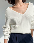 Gray V-Neck Dropped Shoulder Long Sleeve Sweater Sentient Beauty Fashions Apparel & Accessories