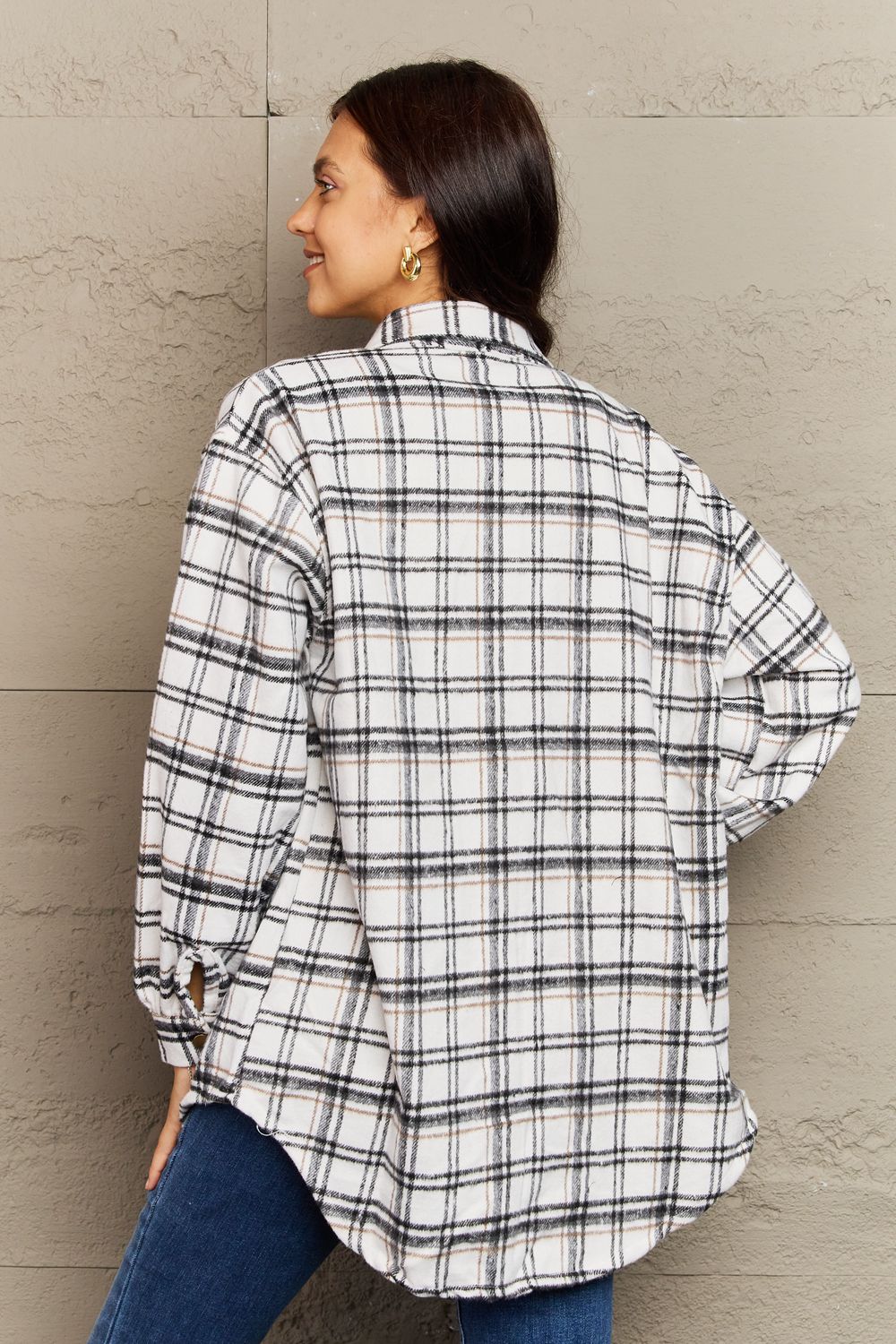 Dark Gray Ninexis Full Size Plaid Collared Neck Button-Down Long Sleeve Jacket Sentient Beauty Fashions jackets