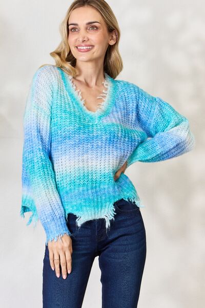 Dark Slate Blue BiBi Tie Dye Frayed Hem Sweater Sentient Beauty Fashions Apparel & Accessories