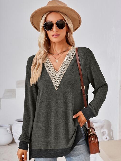Dark Slate Gray Crochet Contrast V-Neck Long Sleeve Slit T-Shirt