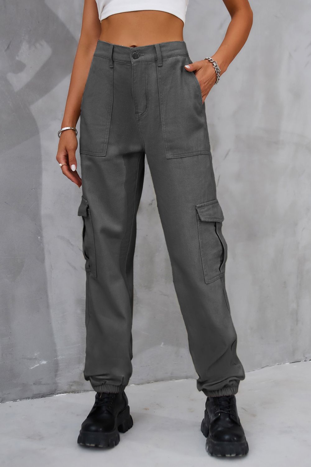 Light Slate Gray Buttoned High Waist Jeans with Pockets Sentient Beauty Fashions Apparel &amp; Accessories