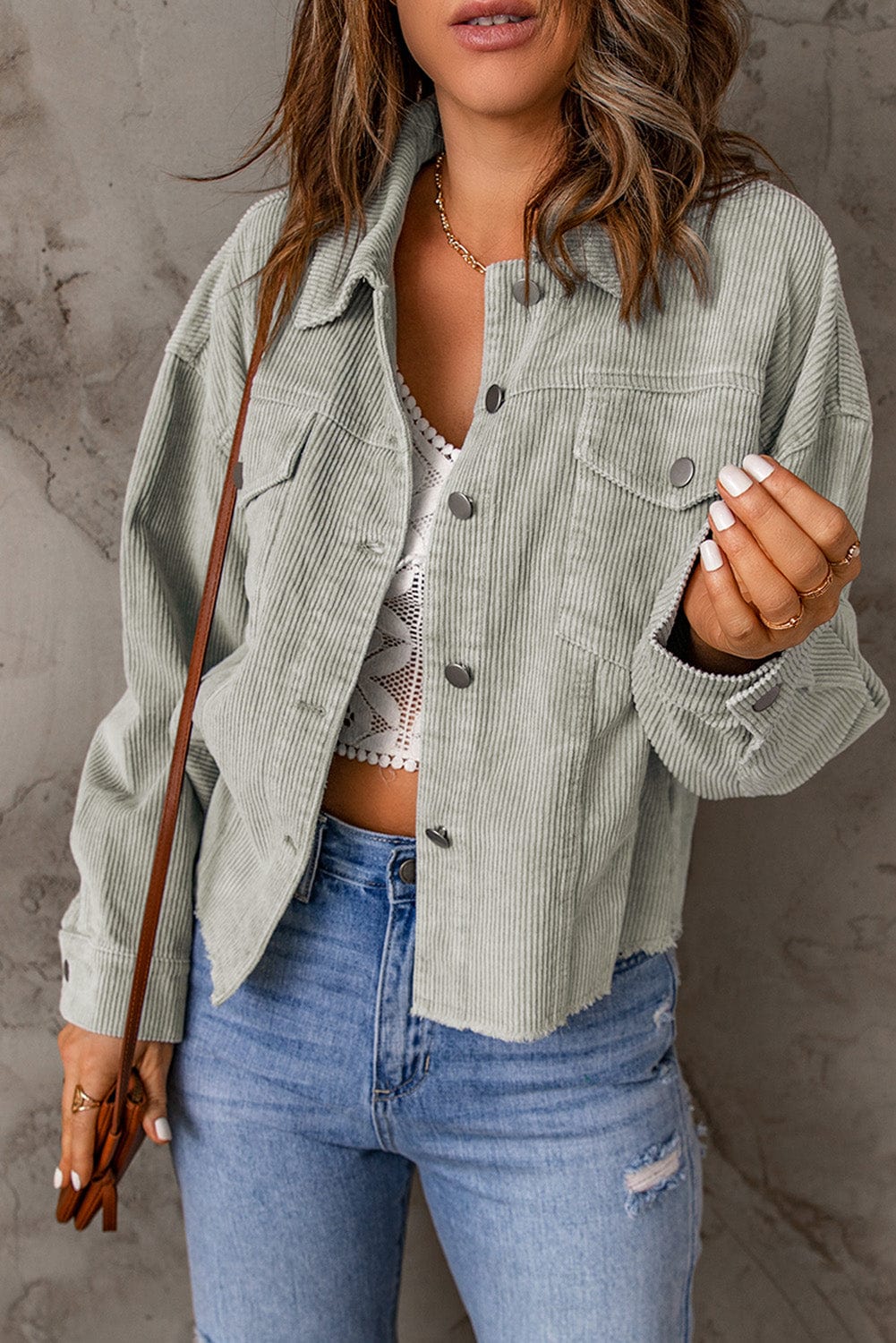 Dim Gray Double Take Raw Hem Button Down Corduroy Jacket with Pockets