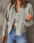 Dim Gray Double Take Raw Hem Button Down Corduroy Jacket with Pockets