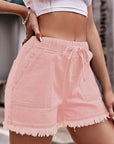 Rosy Brown Drawstring Raw Hem Denim Shorts