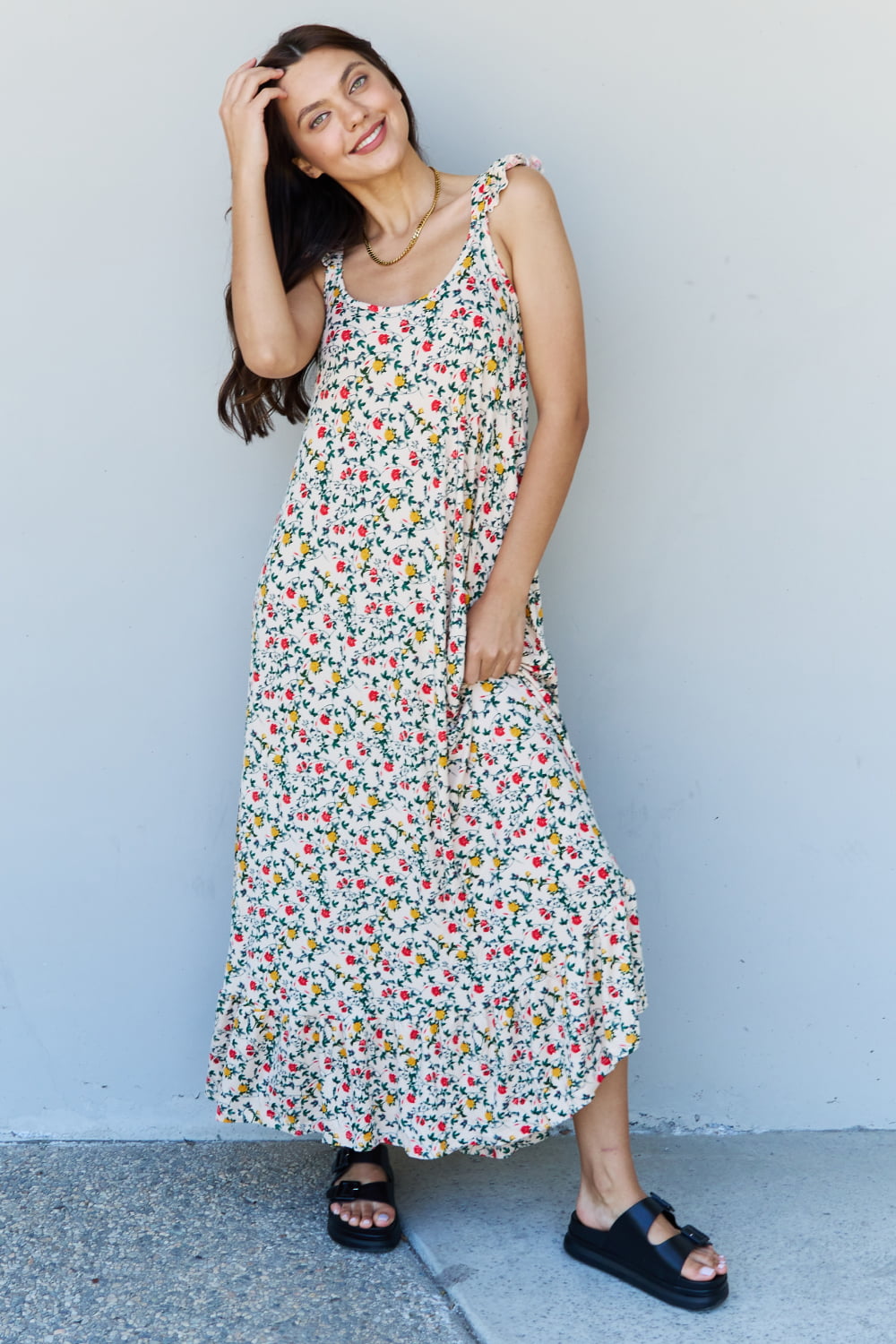 Gray Doublju In The Garden Ruffle Floral Maxi Dress in Natural Rose Sentient Beauty Fashions Apparel & Accessories