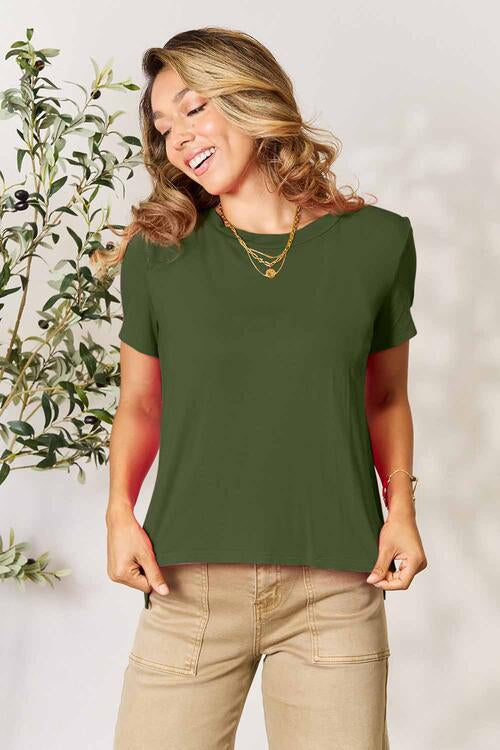 Dark Olive Green Basic Bae Full Size Round Neck Short Sleeve T-Shirt Sentient Beauty Fashions Apparel &amp; Accessories