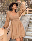 Rosy Brown Crochet V-Neck Balloon Sleeve Dress Sentient Beauty Fashions Apparel & Accessories