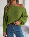 Dark Olive Green Openwork Long Sleeve Sweater