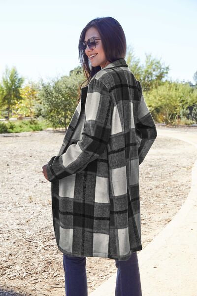 Dark Slate Gray Double Take Full Size Plaid Button Up Lapel Collar Coat Sentient Beauty Fashions Apparel & Accessories