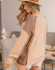 Tan BiBi Half Button Exposed Seam Contrast Waffle Top Sentient Beauty Fashions Apparel & Accessories