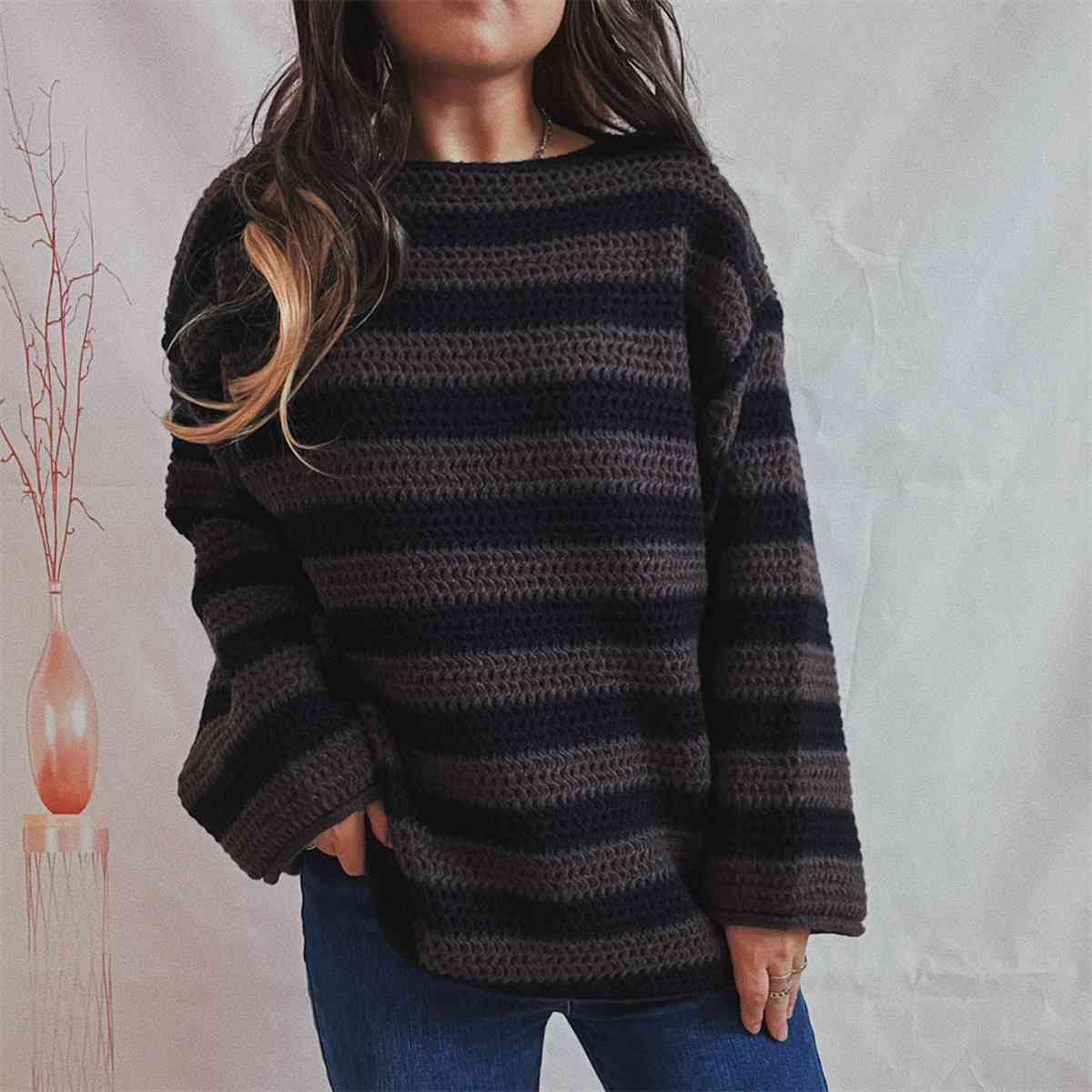 Black Striped Round Neck Long Sleeve Sweater