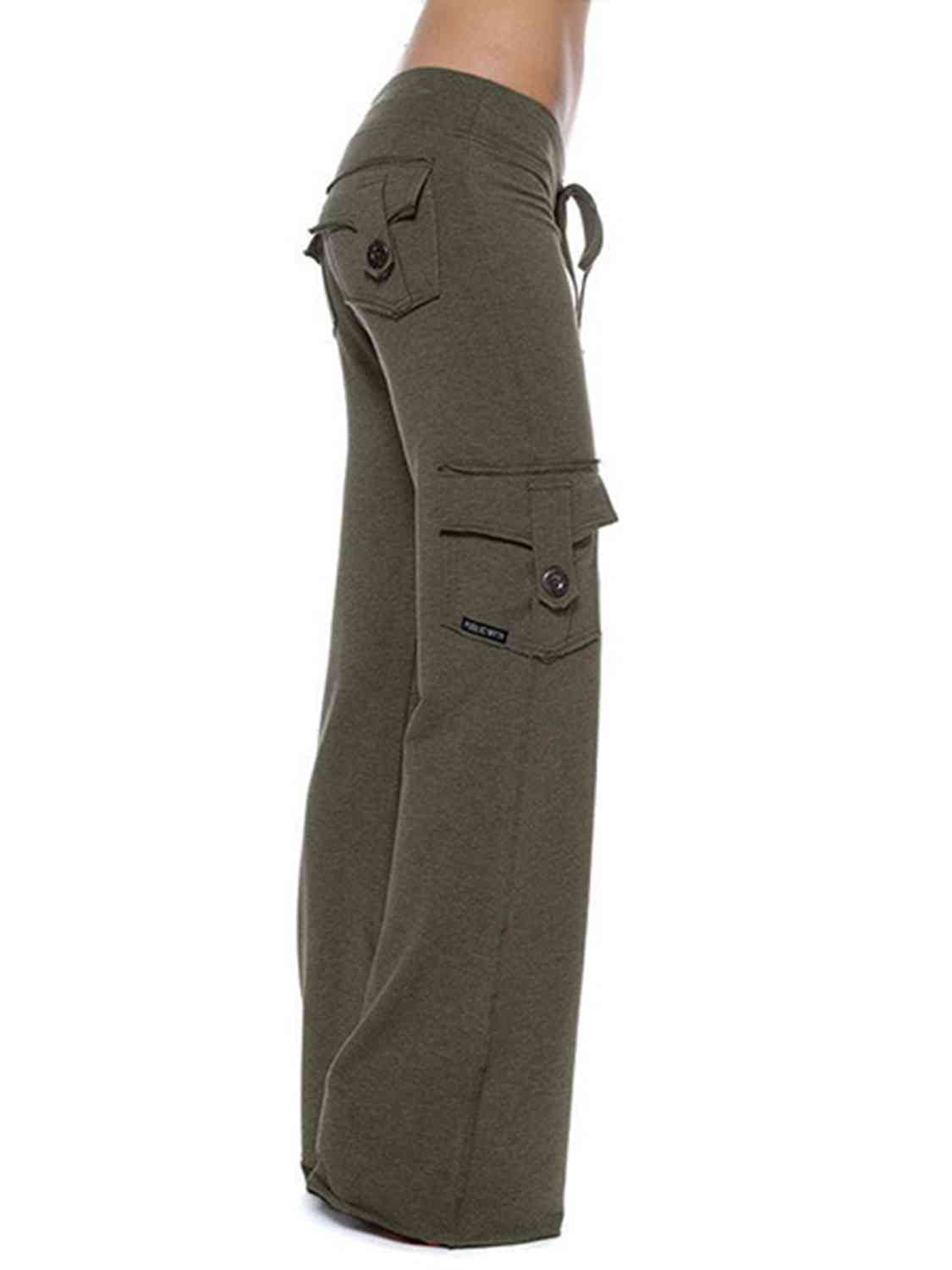 Dark Olive Green Mid Waist Pants with Pockets
