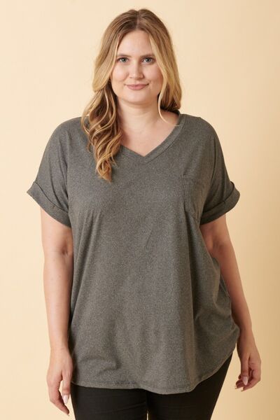Dark Slate Gray Mittoshop Full Size V-Neck Rolled Short Sleeve T-Shirt Sentient Beauty Fashions Apparel & Accessories