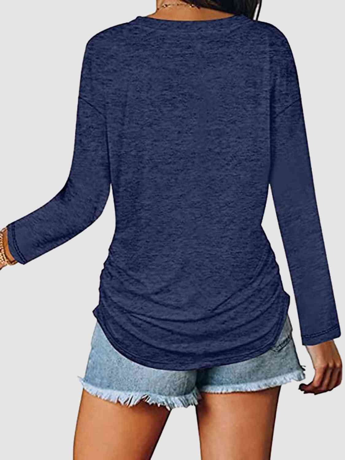 Dark Slate Gray Ruched V-Neck Long Sleeve T-Shirt