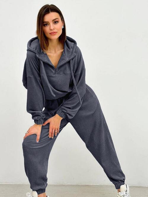 Dark Slate Gray Half Zip Drawstring Hoodie and Pants Set Sentient Beauty Fashions Apparel & Accessories