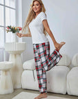 Gray V-Neck Tee and Plaid Pants Lounge Set Sentient Beauty Fashions Apparel & Accessories