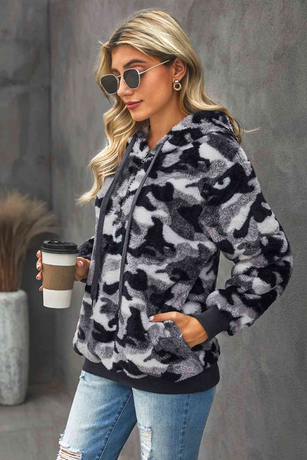 Dim Gray Camouflage Half Zip Fuzzy Hoodie Sentient Beauty Fashions Apparel &amp; Accessories