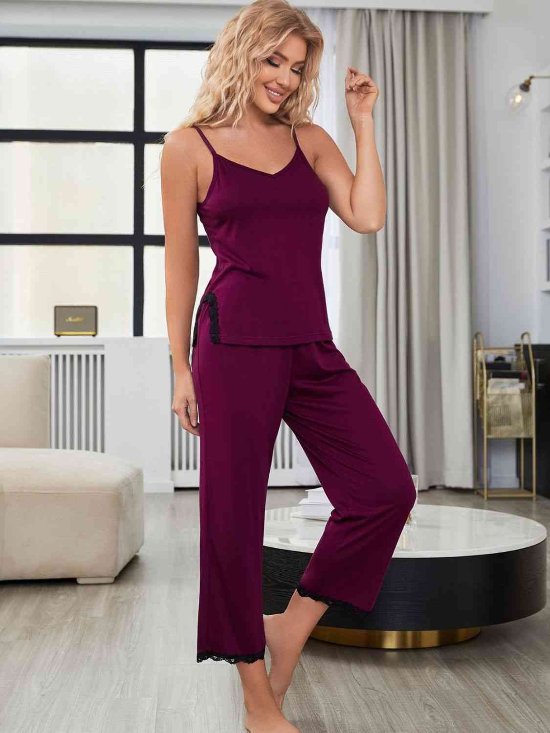 Gray V-Neck Lace Trim Slit Cami and Pants Pajama Set Sentient Beauty Fashions Apparel & Accessories