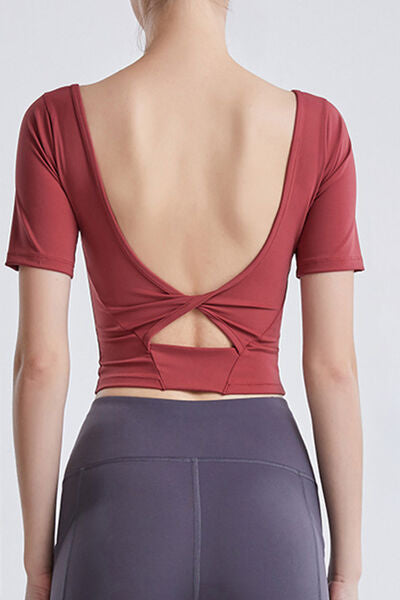 Light Gray Cutout Backless Round Neck Active T-Shirt Sentient Beauty Fashions Apparel &amp; Accessories