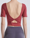 Light Gray Cutout Backless Round Neck Active T-Shirt Sentient Beauty Fashions Apparel & Accessories