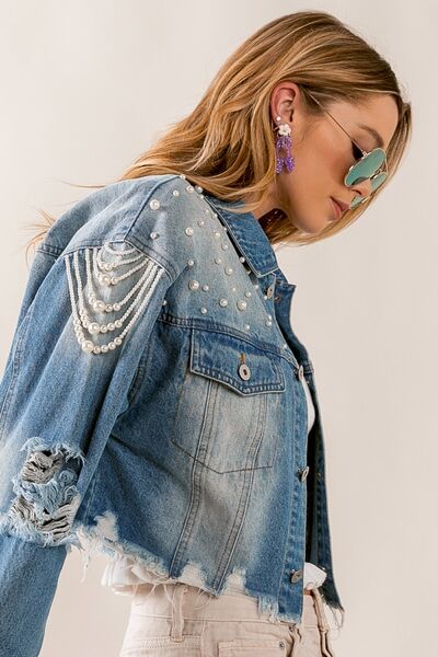 Light Gray BiBi Pearl Detail Distressed Cropped Denim Jacket Sentient Beauty Fashions Apparel &amp; Accessories