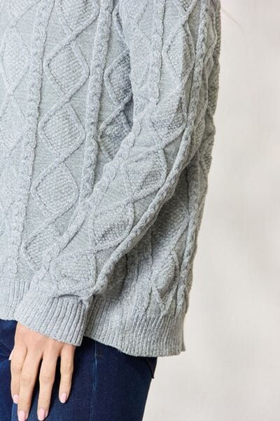 Light Gray BiBi Cable Knit Round Neck Sweater Sentient Beauty Fashions Apparel &amp; Accessories