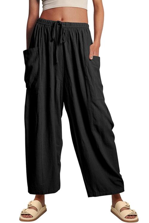 Black Drawstring Pocketed Wide Leg Pant Sentient Beauty Fashions Apparel &amp; Accessories