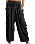 Black Drawstring Pocketed Wide Leg Pant Sentient Beauty Fashions Apparel & Accessories