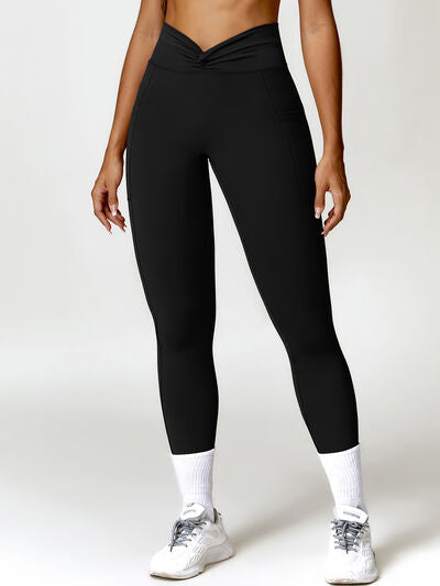 Black Twisted High Waist Active Pants with Pockets Sentient Beauty Fashions Apparel & Accessories