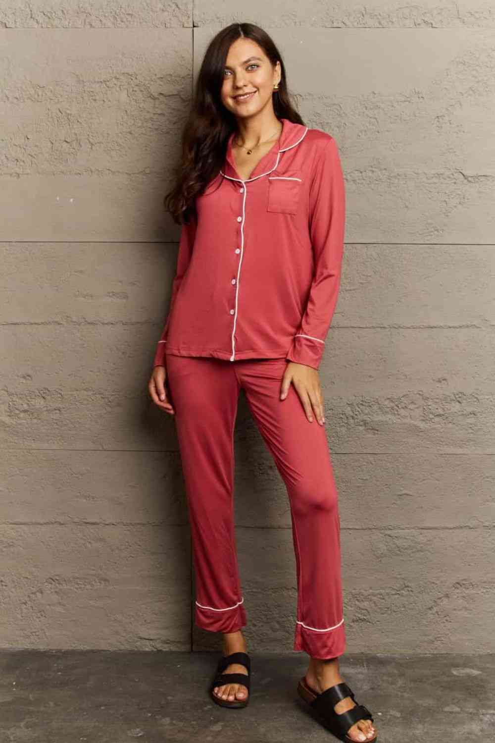 Slate Gray Ninexis Buttoned Collared Neck Top and Pants Pajama Set