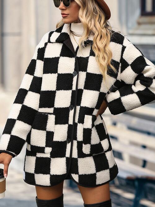 Black Double Take Full Size Checkered Button Front Coat with Pockets Sentient Beauty Fashions Apparel &amp; Accessories