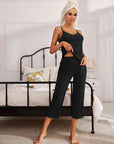 Gray V-Neck Lace Trim Slit Cami and Pants Pajama Set