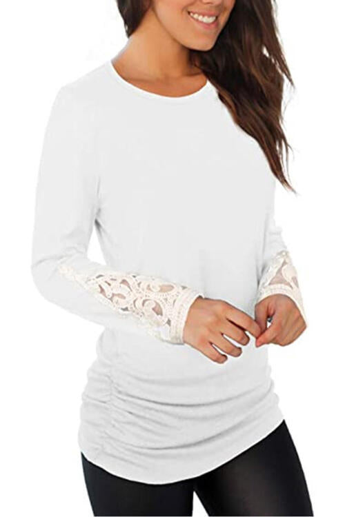 Black Lace Detail Long Sleeve Round Neck T-Shirt Sentient Beauty Fashions Apparel &amp; Accessories