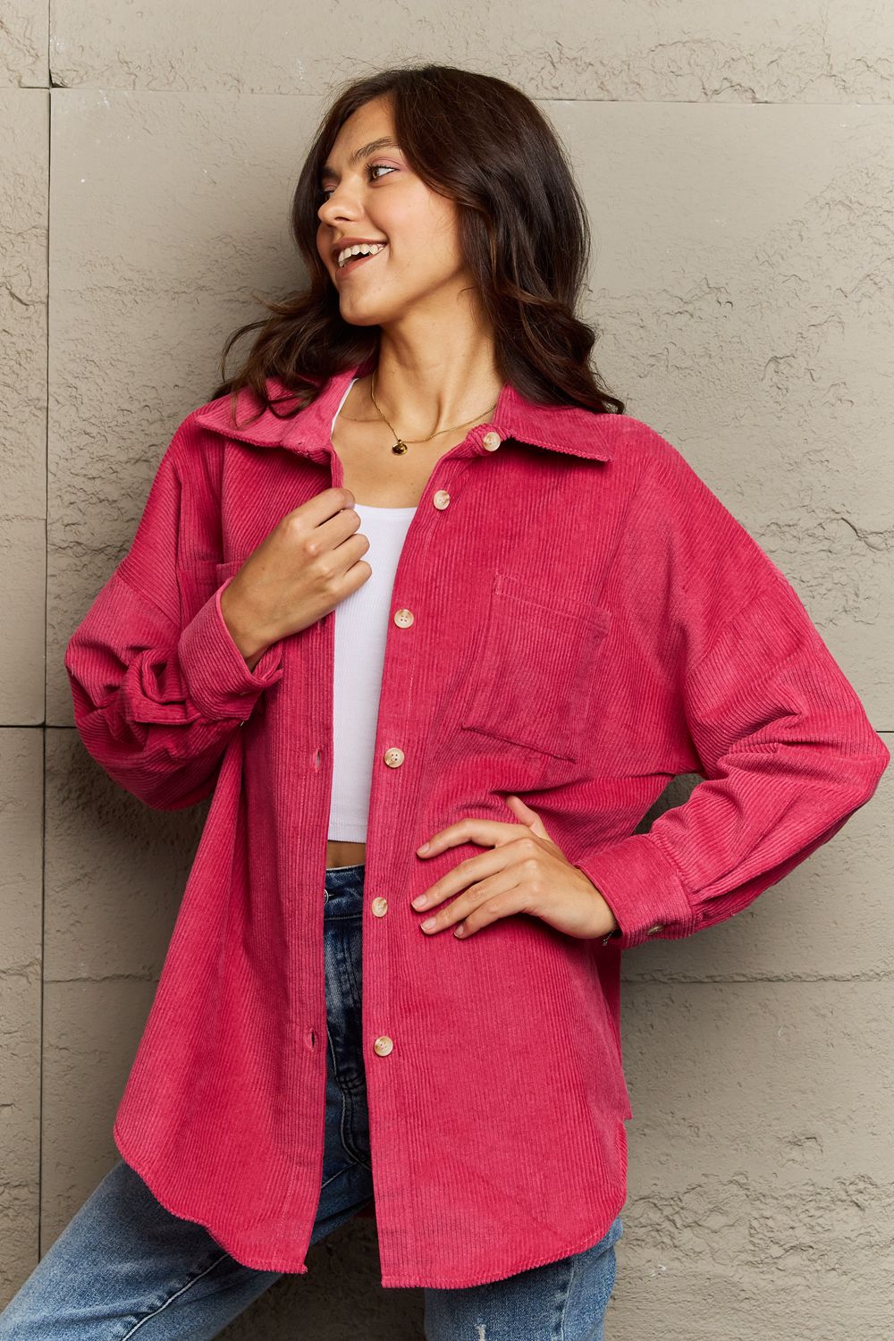 Maroon Ninexis Collared Neck Dropped Shoulder Button-Down Jacket Sentient Beauty Fashions Apparel &amp; Accessories