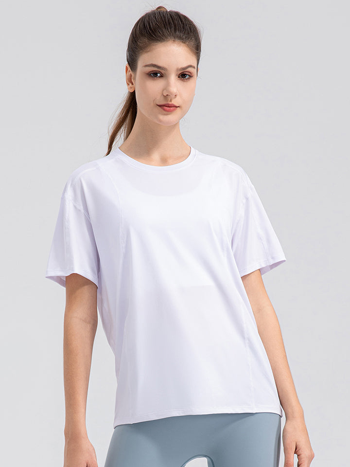 Light Gray Round Neck Short Sleeve Active Top Sentient Beauty Fashions Apparel & Accessories