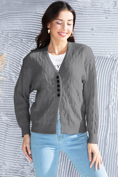 Gray Cable-Knit Button Up Dropped Shoulder Cardigan Sentient Beauty Fashions Apparel &amp; Accessories