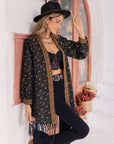 Black Printed Fringe Detail Cardigan Sentient Beauty Fashions Apparel & Accessories