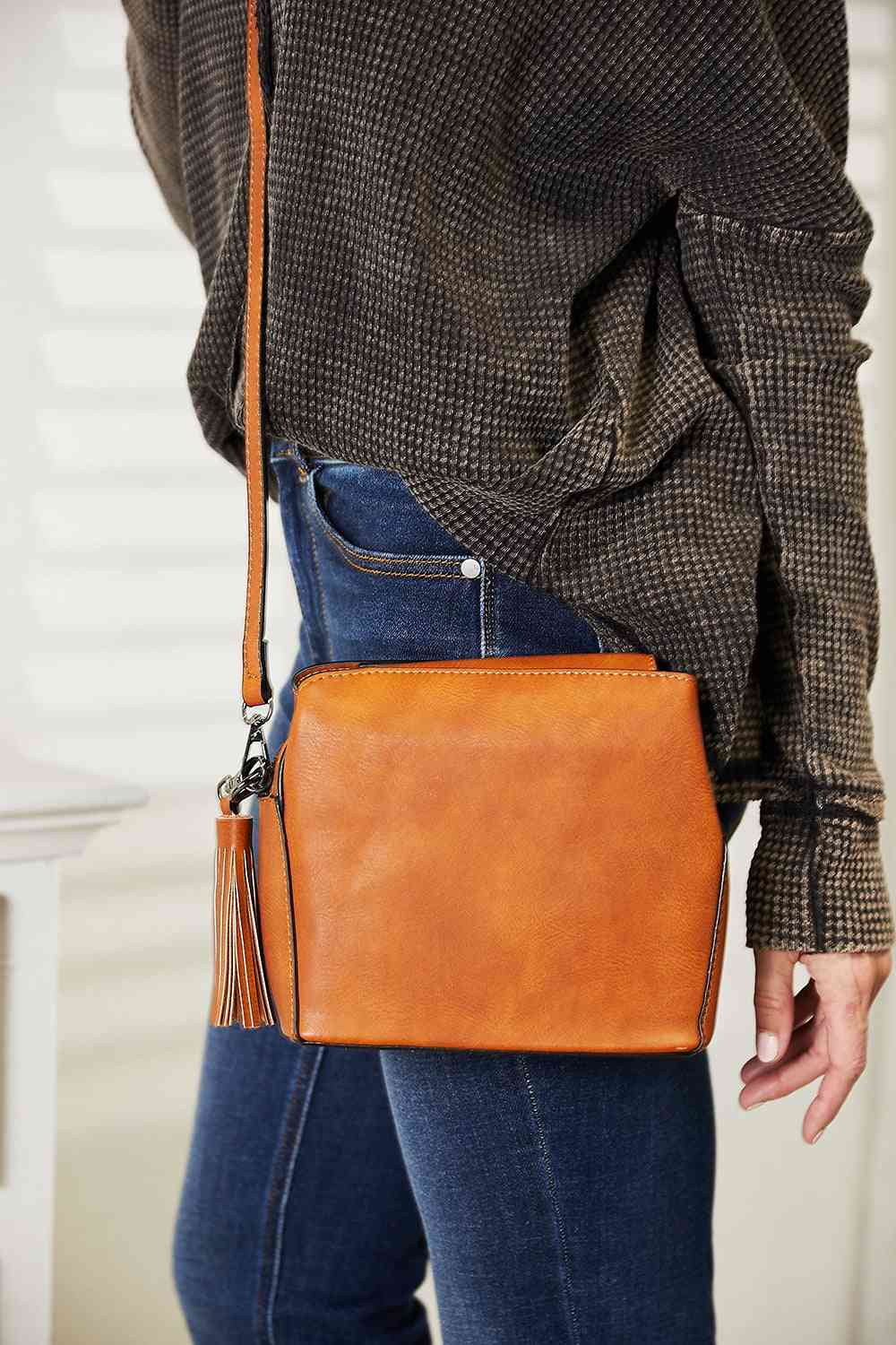 Tan SHOMICO PU Leather Crossbody Bag with Tassel