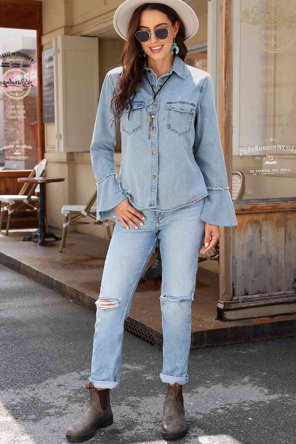 Slate Gray Button Front Flare Sleeve Denim Top Sentient Beauty Fashions Apparel & Accessories