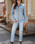 Slate Gray Button Front Flare Sleeve Denim Top Sentient Beauty Fashions Apparel & Accessories