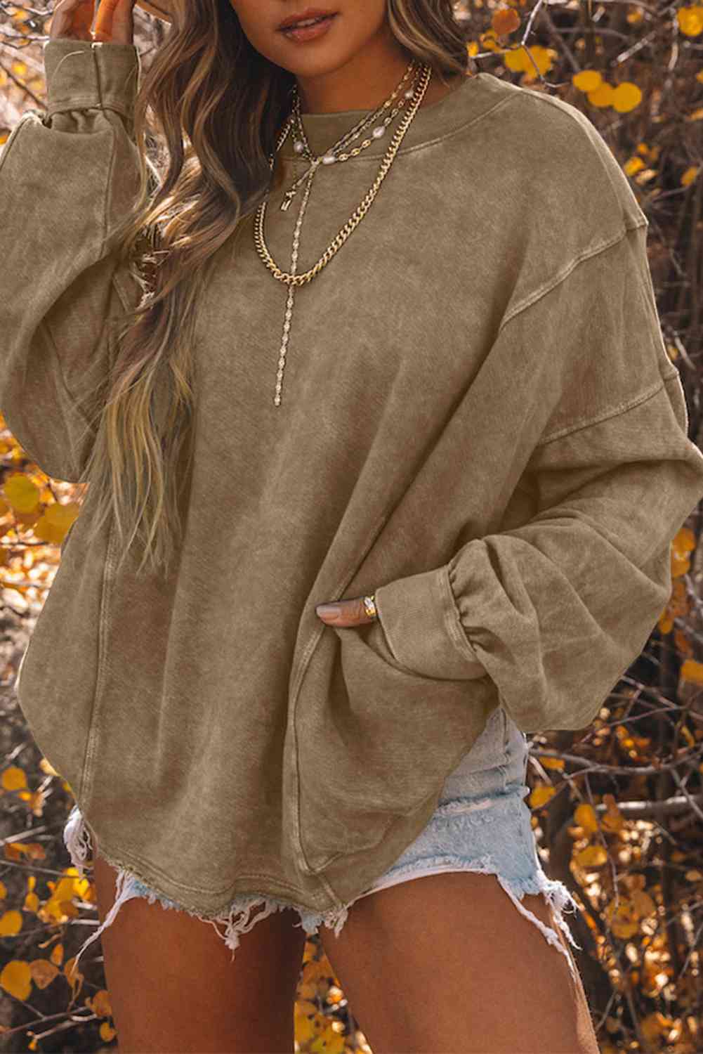 Sienna Twisted Plunge Neck Dropped Shoulder Sweatshirt Sentient Beauty Fashions Apparel &amp; Accessories