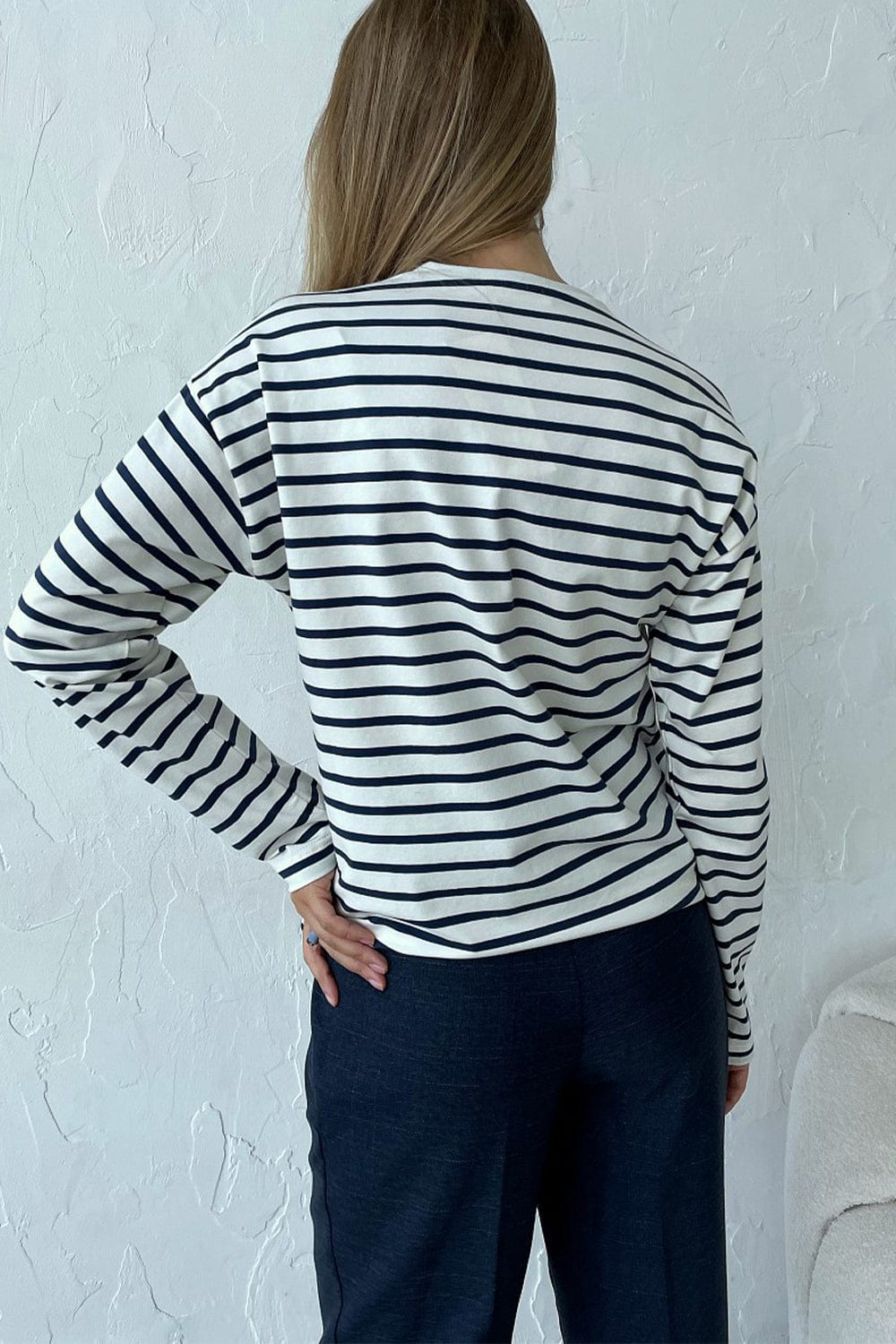 Gray Round Neck Striped Dropped Shoulder T-Shirt