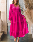 Maroon Frill V-Neck Balloon Sleeve Tiered Dress Sentient Beauty Fashions Apparel & Accessories