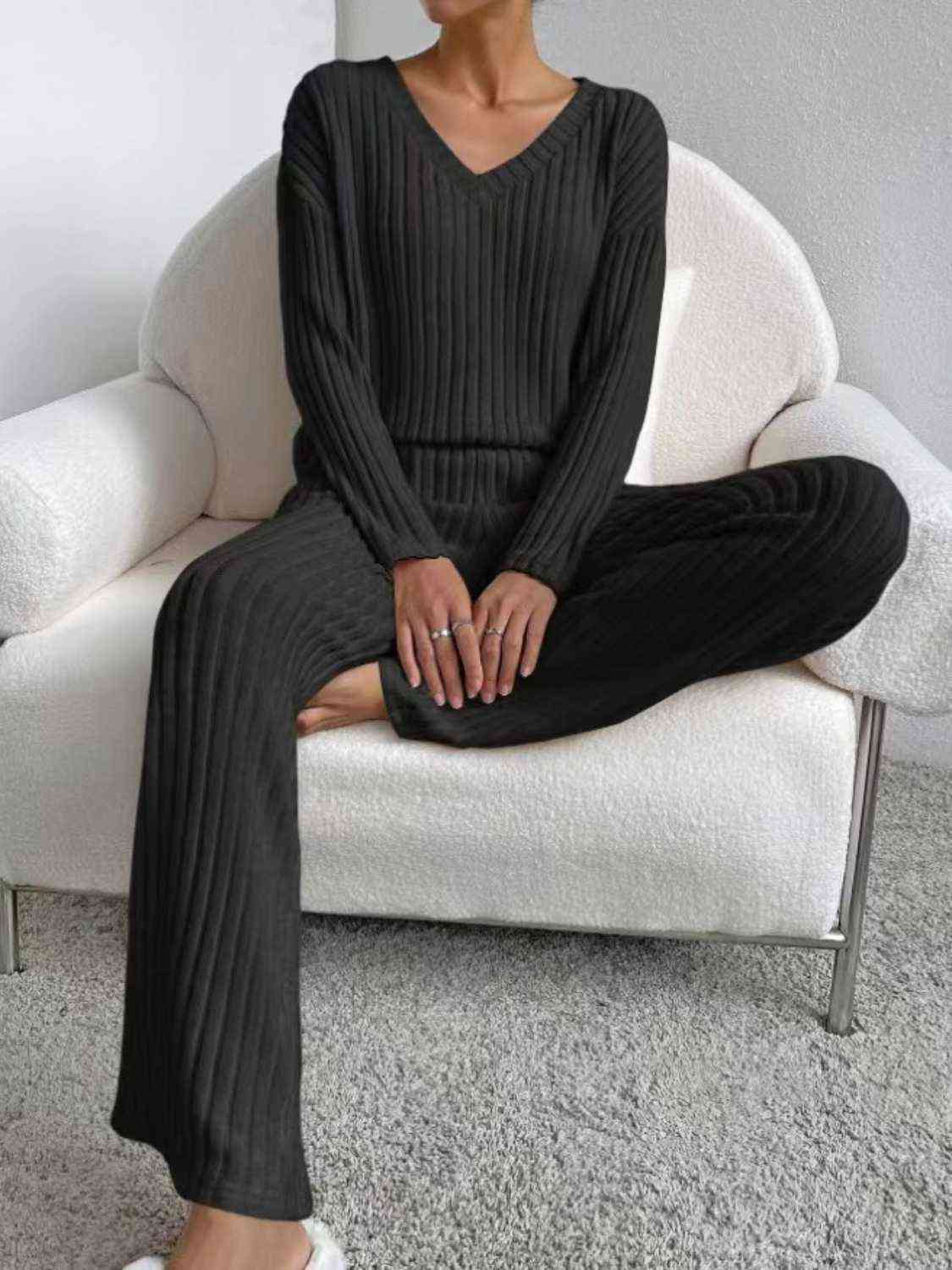 Dark Gray Ribbed V-Neck Long Sleeve Top and Pants Set Sentient Beauty Fashions Apparel & Accessories