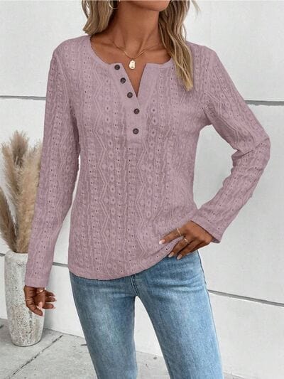 Dark Gray Openwork Half Button Long Sleeve Blouse