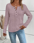 Dark Gray Openwork Half Button Long Sleeve Blouse