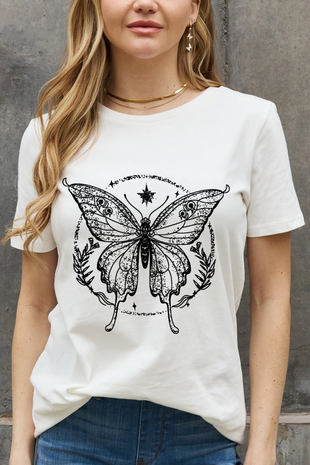 Light Gray Simply Love Full Size Butterfly Graphic Cotton Tee Sentient Beauty Fashions Apparel & Accessories